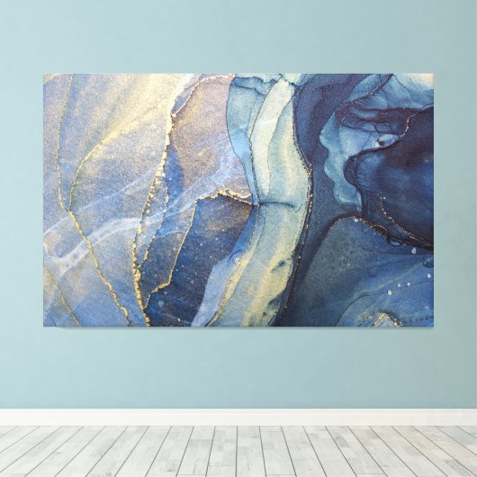 Abstracte blauw- en goudalcoholinkt canvas afdruk (Insitu (Houten vloer))