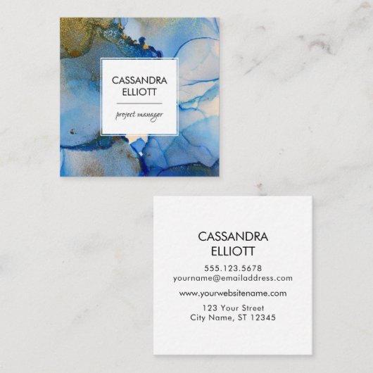 Abstracte blauw- en goudalcoholinkt Vloeibare kuns Vierkante Visitekaartje (Voorkant / Achterkant)