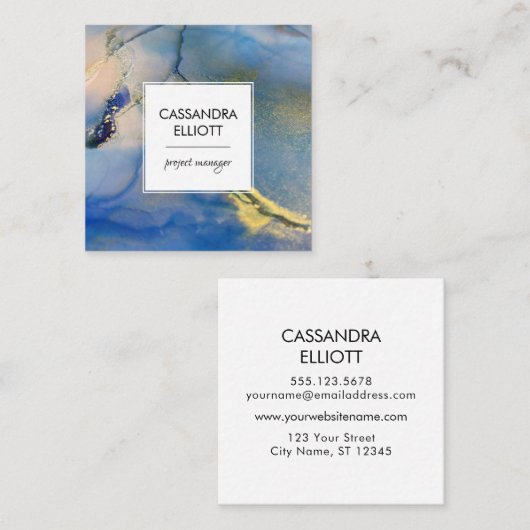 Abstracte blauw- en goudalcoholinkt Vloeibare kuns Vierkante Visitekaartje (Voorkant / Achterkant)