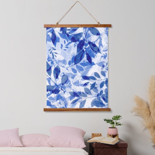 Abstracte blauw en witte bladeren hangend wandkleed (Slaapkamer)