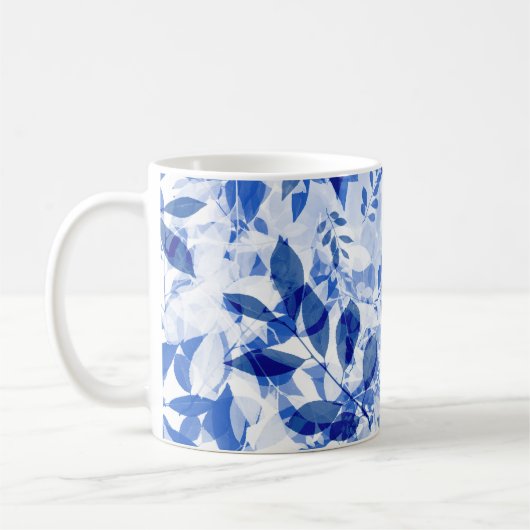 Abstracte blauw en witte bladeren koffiemok (Links)