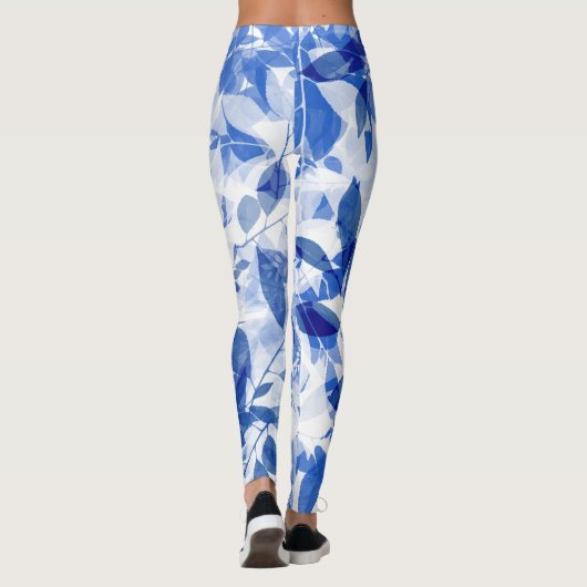 Abstracte blauw en witte bladeren leggings (Achterkant)