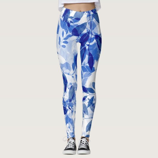Abstracte blauw en witte bladeren leggings (Voorkant)