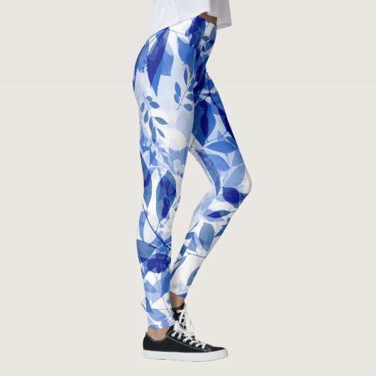 Abstracte blauw en witte bladeren leggings (Rechts)