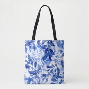 Abstracte blauw en witte bladeren tote bag