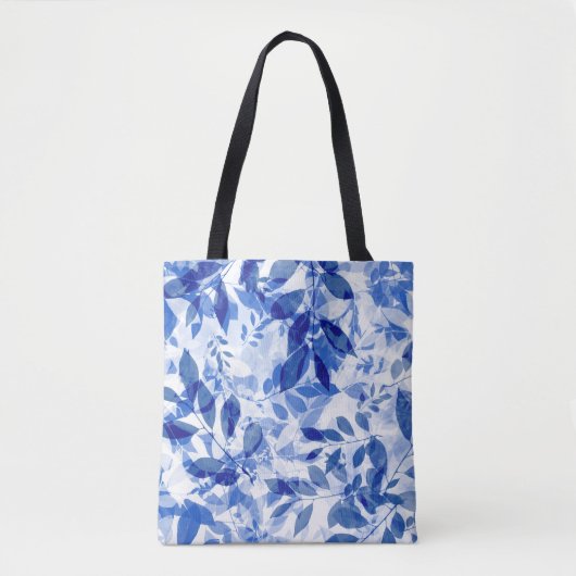 Abstracte blauw en witte bladeren tote bag (Voorkant)