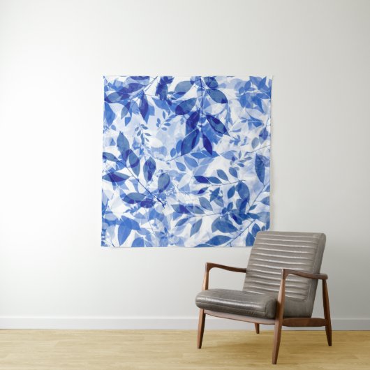 Abstracte blauw en witte bladeren wandkleed (In situ)