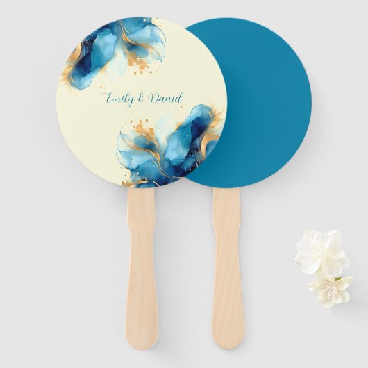 Abstracte Blauw & Goud Waterverf bruiloft Handwaaier (Voorkant en achterkant)
