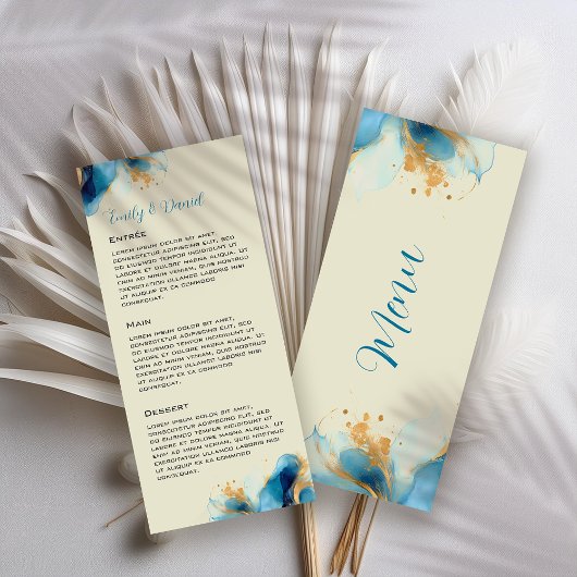 Abstracte Blauw & Goud Waterverf bruiloft Menu