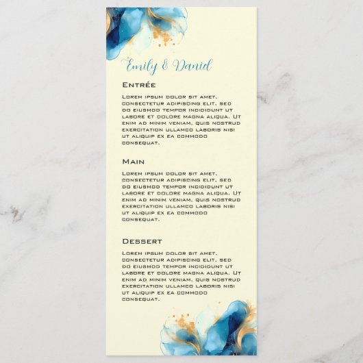 Abstracte Blauw & Goud Waterverf bruiloft Menu (Achterkant)