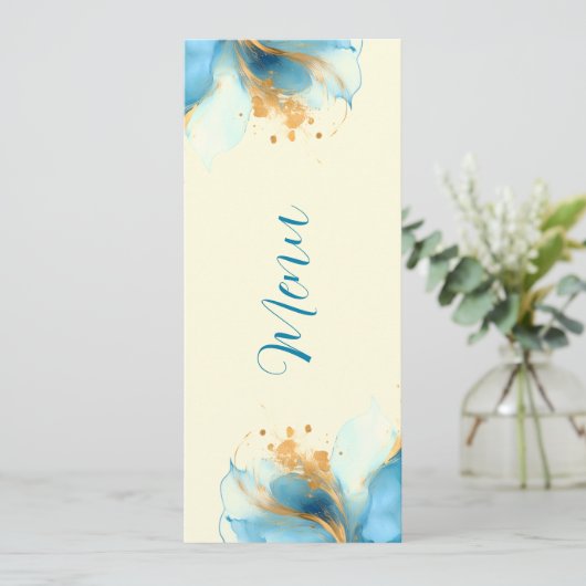 Abstracte Blauw & Goud Waterverf bruiloft Menu (Staand voorkant)