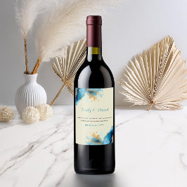 Abstracte Blauw & Goud Waterverf bruiloft Wijn Etiket