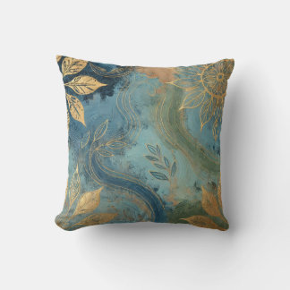 Abstracte Blauw-Gouden Blad Kunstwerk Stijl 26 Kussen