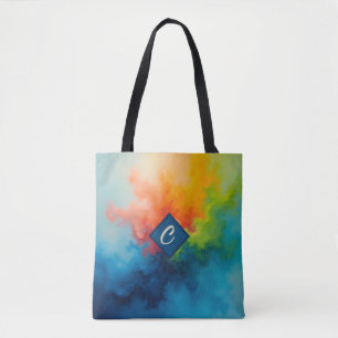 Abstracte blauw groene verf giet tote bag
