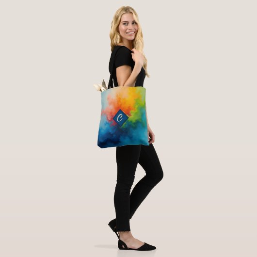 Abstracte blauw groene verf giet tote bag (Op model)