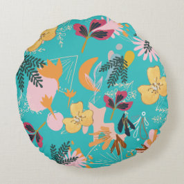 Abstracte blauwbloem rond kussen