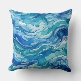 Abstracte Blauwe Aquarel Oceaangolven Kussen