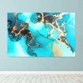 Abstracte blauwe, Blauwgroen en goudalcoholinkt Canvas Afdruk (Insitu (Houten vloer))