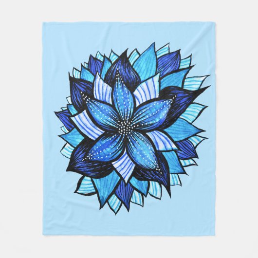Abstracte blauwe bloem  Floral Mandala Ink Art Fleece Deken (Voorkant)