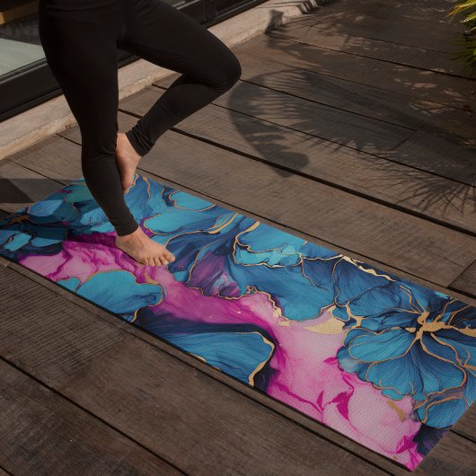 Abstracte Blauwe Bloem Gouden Bloem Elegant Roze Yogamat