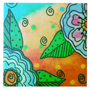 Abstracte blauwe bloemen tegeltje