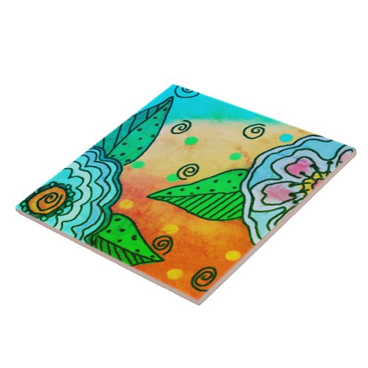 Abstracte blauwe bloemen tegeltje (Zijkant)