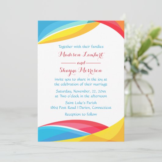 Abstracte blauwe bruiloft regenbooggolven rood en  kaart (Staand voorkant)