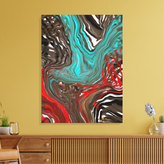 Abstracte blauwe, bruine en rode vochtige kunst canvas afdruk (Insitu (Woonkamer))