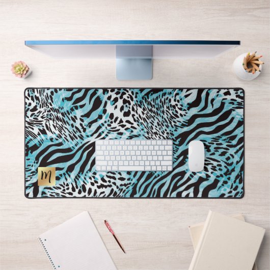 Abstracte Blauwe Dierenprint met Gouden Monogram Bureaumat (Kantoor 1)