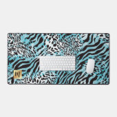 Abstracte Blauwe Dierenprint met Gouden Monogram Bureaumat (Keyboard & Muis)