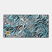 Abstracte Blauwe Dierenprint met Gouden Monogram Bureaumat (Voorkant)