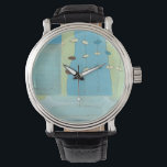 Abstracte blauwe eierparade horloge<br><div class="desc">Blauwe, witte en bruine eierparade op snaren in dit abstracte schilderij van June Erica Vess. Dit stuk, dat in verschillende panelen wordt gescheiden, kenmerkt verschillende schaduwen van blauw op de achtergrond evenals groen. Bestel vandaag nog!</div>