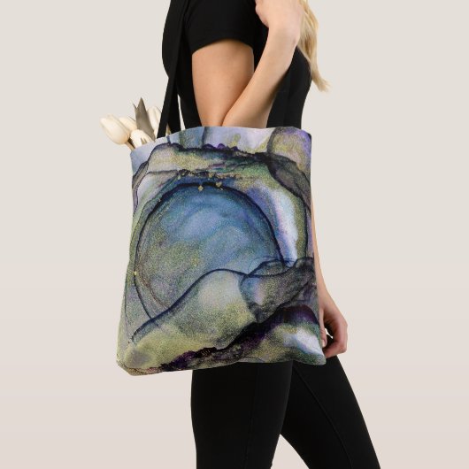 Abstracte blauwe en goudalcoholinkt Vloeibare kuns Tote Bag (Dichtbij)