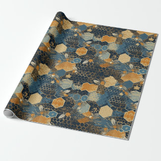 Abstracte blauwe en gouden honingraatbijenkorf cadeaupapier