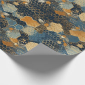 Abstracte blauwe en gouden honingraatbijenkorf cadeaupapier (Hoek)