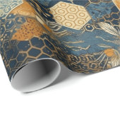 Abstracte blauwe en gouden honingraatbijenkorf cadeaupapier (Rol Hoek)