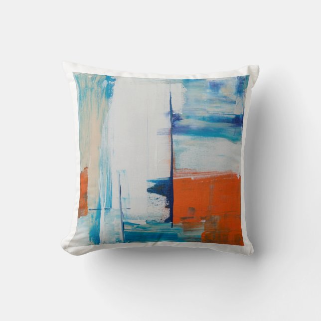 Abstracte Blauwe en Oranje Moderne Kunst Kussen (Voorkant)