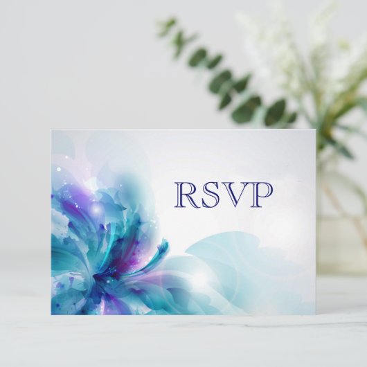 Abstracte Blauwe en Paarse Bloemen Ontwerp RSVP-Ka RSVP Kaartje (Staand voorkant)