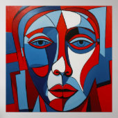 Abstracte Blauwe en Rode Gezichtskunst Poster (Voorkant)
