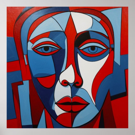 Abstracte Blauwe en Rode Gezichtskunst Poster (Voorkant)