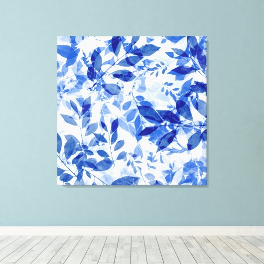 Abstracte blauwe en witte bladeren canvas afdruk (Insitu (Houten vloer))