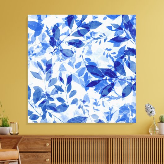 Abstracte blauwe en witte bladeren canvas afdruk (Insitu (Woonkamer))