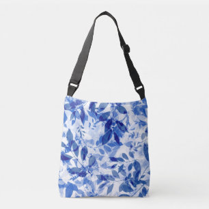 Abstracte blauwe en witte bladeren crossbody tas