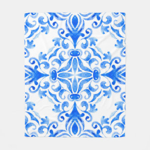 Abstracte blauwe en witte handgetekende tegel naad fleece deken