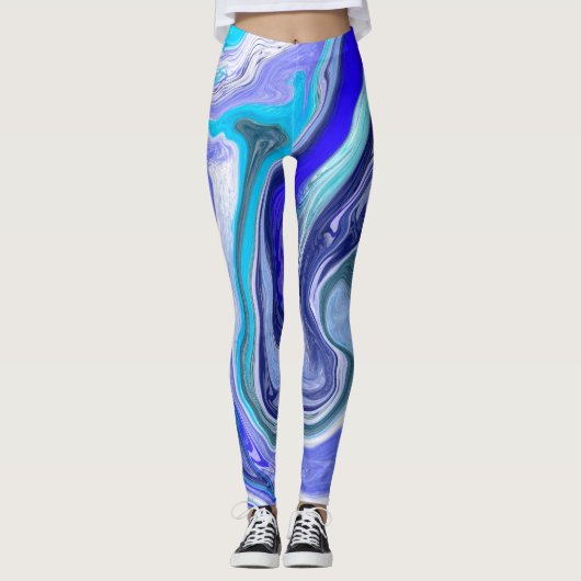 Abstracte blauwe en witte marmer leggings (Voorkant)