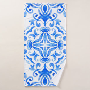 Abstracte blauwe en witte, met de hand getekende t badhanddoek