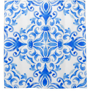 Abstracte blauwe en witte, met de hand getekende t douchegordijn