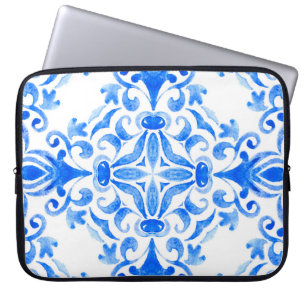 Abstracte blauwe en witte, met de hand getekende t laptop sleeve