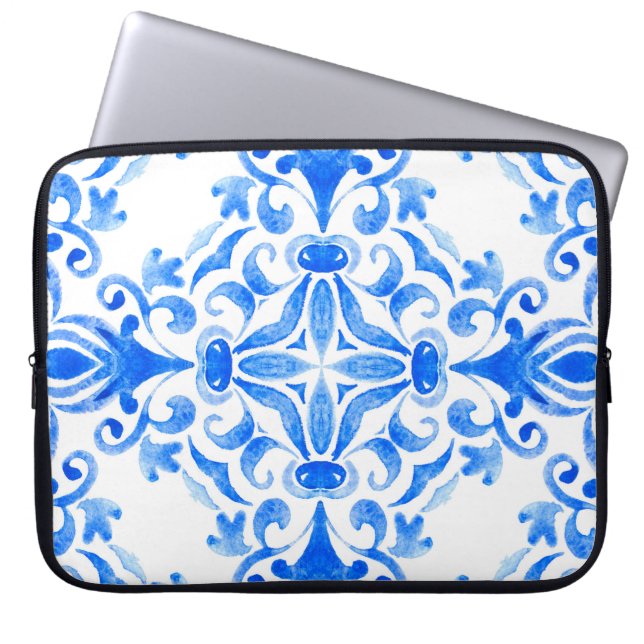 Abstracte blauwe en witte, met de hand getekende t laptop sleeve (Voorkant)