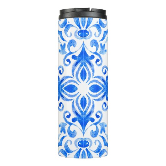 Abstracte blauwe en witte, met de hand getekende t thermosbeker (Achterkant)